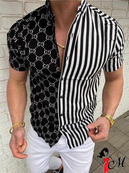 

men's shirts 2021 ummer printed letter tripe fahion hort leeve for men, White;black