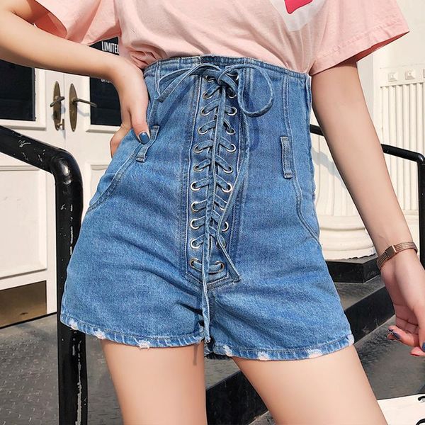 

women's jeans [ewq] 2021 spring summer high waist drawstring strap ladies all-match denim shorts korea quality women mini pants qx082, Blue