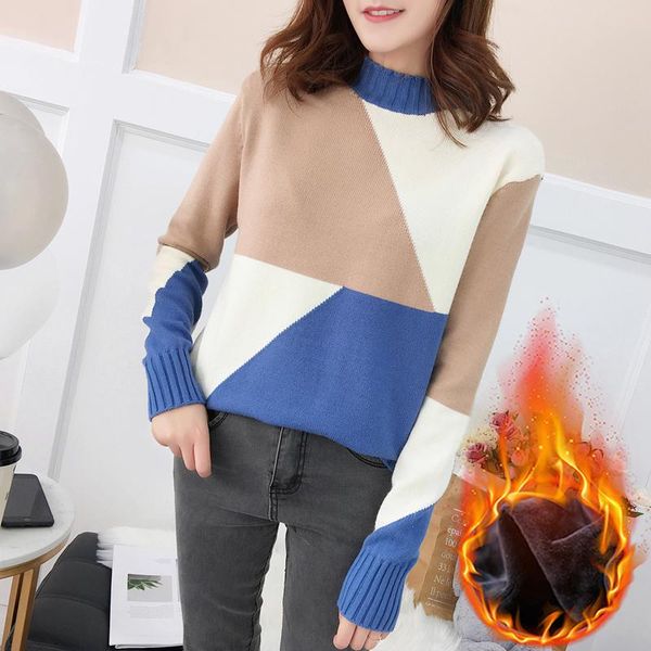 

lucyever thick women pullover sweater fashion half turtleneck patchwork autumn winter knitted jumper casual long sleeve warm women's sw, White;black
