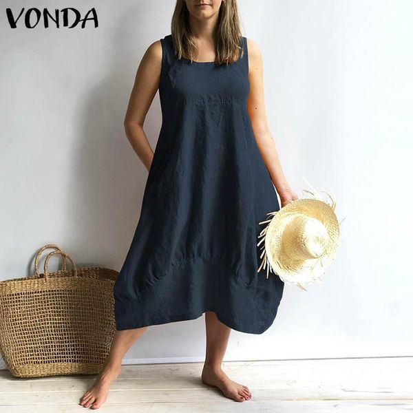 

women cotton dresses 2021 vonda summer sleeveless square neck mid calf dress casual loose vintage vestidos robe plus size, Black;gray