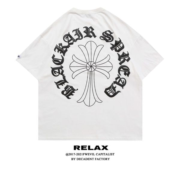 

high street sanskrit west coast cross print dark short sleeve t-shirt fried street loose men's and women's fas, White;black