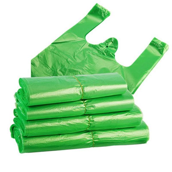 

100pcs/pack green plastic bag supermarket carry out disposable vest with handle kitchen living room clean packaging gift wrap