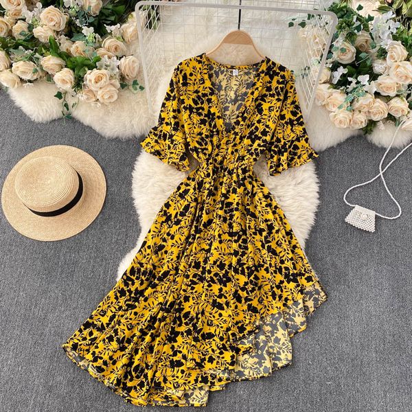 

vestidos summer boho dress retro color lace-up waist irregular ruffled dress short-sleeved slimming mid-length 210420, Black;gray