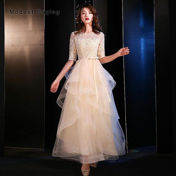 

party dresses luxury champagne a-line o neck lace ruffled evening 2021 formal half sleeves prom gowns abendkleider arrival, White;black