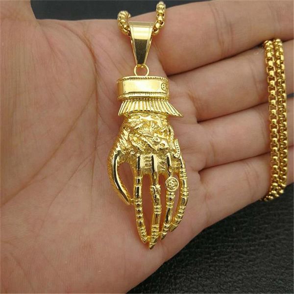 

pendant necklaces skull skeleton hand necklace & with stainless steel chains for men gold color men's hip hop jewelry gifts, Silver