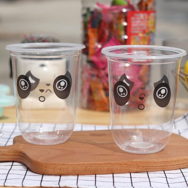 

disposable cups & straws 50pcs net red 95mm caliber transparent plastic 500ml packaging coffee milk tea juice drinking dessert with bear lid