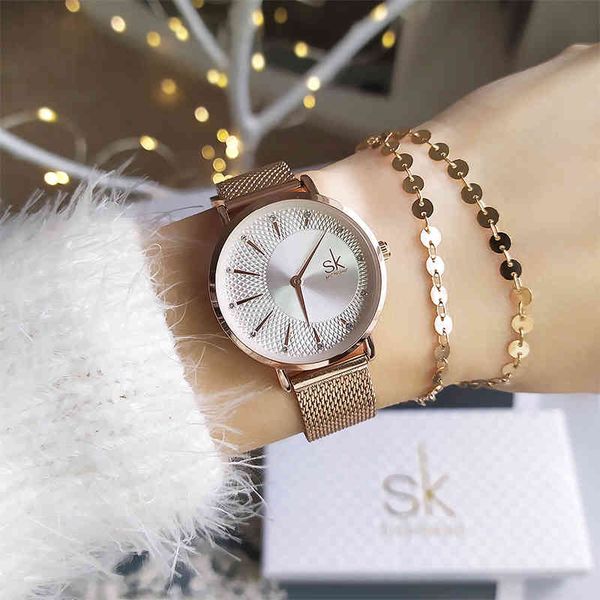 

shengke creative women luxury rosegold quartz ladies watches relogio feminino mesh band wristwatches reloj mujer, Slivery;brown