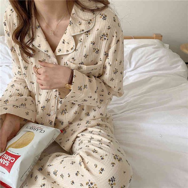 

women's sleepwear cotton autumn winter crepe two piece women pajamas set long sleeve shirts pants home floral print vintage 83ns, Black;red