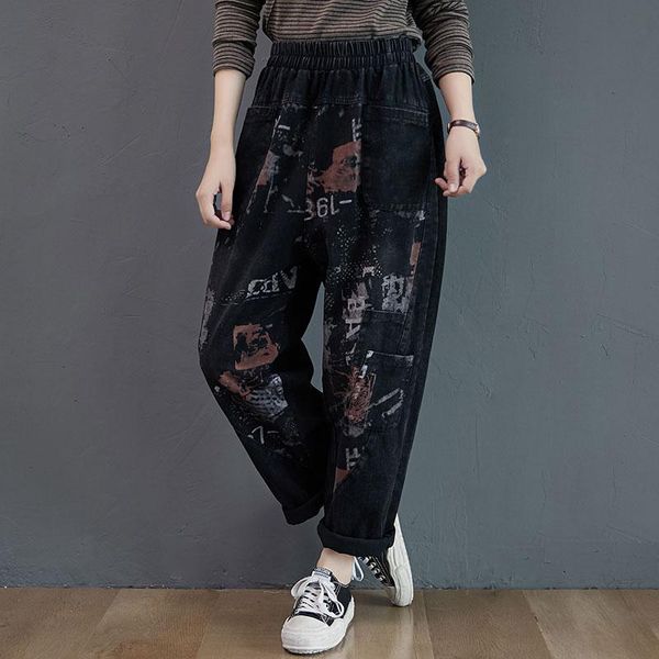 

women's jeans 2021 spring arts style women elastic waist loose vintage cotton print denim harem pants plus size femme jean trousers v25, Blue