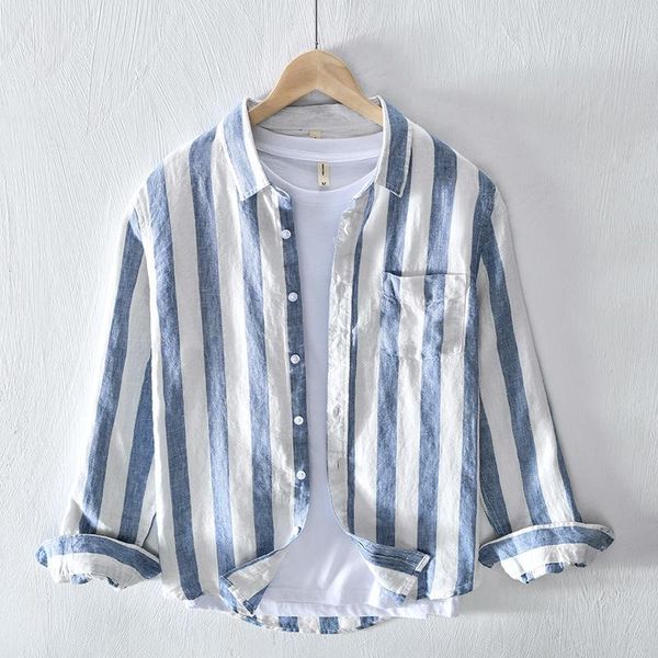 

men's casual shirts men spring fall fashion brand linen long sleeve nave blue strip patchwork turn down collar classical male chic shir, White;black