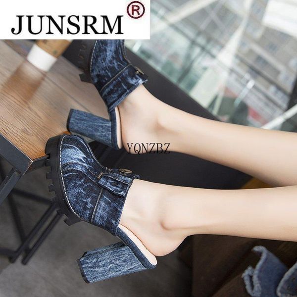 

sandals 2022 summer women baotou denim slides shoes square heels bottom outdoor beach casual platform non-slip footwear, Black