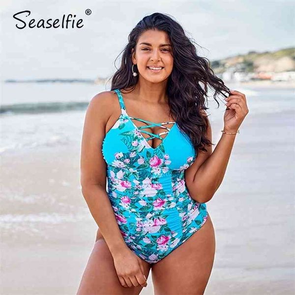 

seaselfie plus size blue floral swimsuit women large monokini bathing suit beach swimwear 210630, White;black