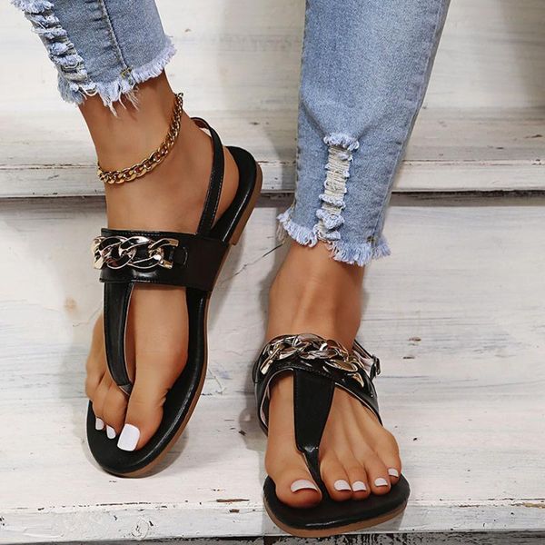 

sandals flip flops women shoes summer beach fashion metal chain bling buckle strap flats for female open toe, Black