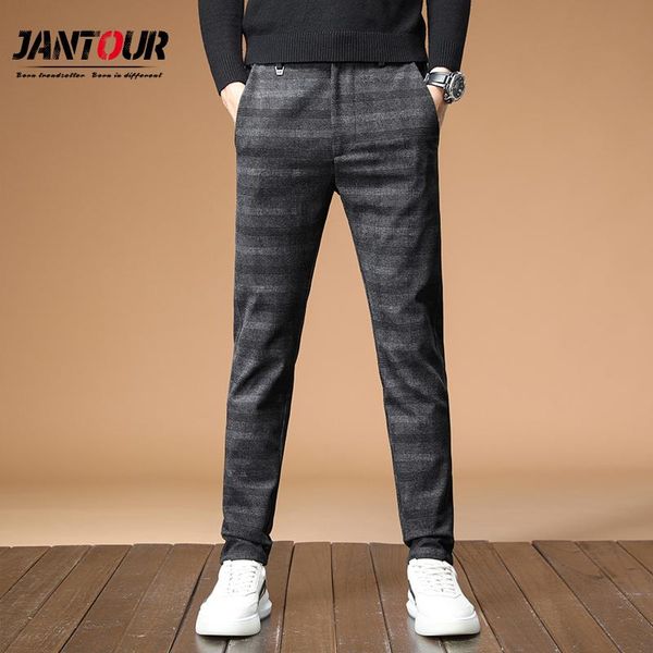 

autumn winter casual pants men elastic plaid long trousers male cotton gray thick work pant men's brand clothing 28-38, Black