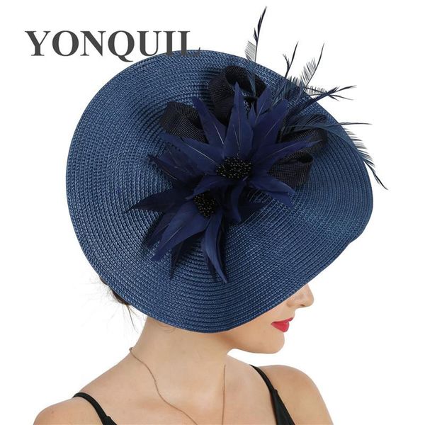 

headpieces imitation sinamay wedding navy fascinator for elegant bride women marriage headpiece with fancy feather flower millinery cap, Silver