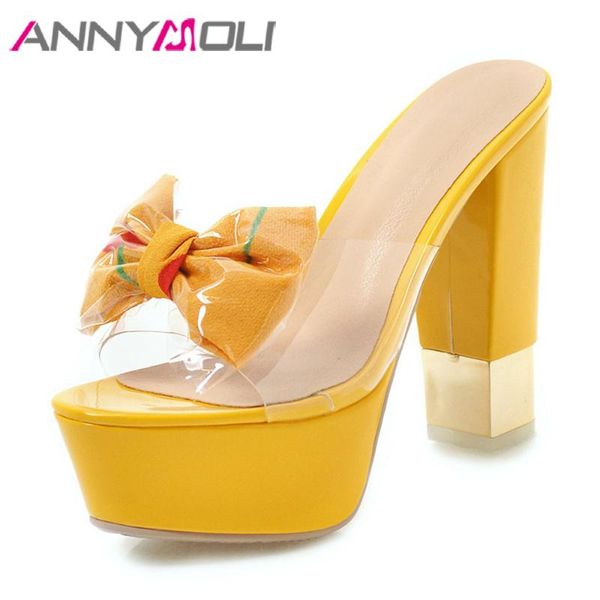 

slippers annymoli summer slides women shoes transparent platform thick heel bow extreme high lady sandals size 33-43, Black