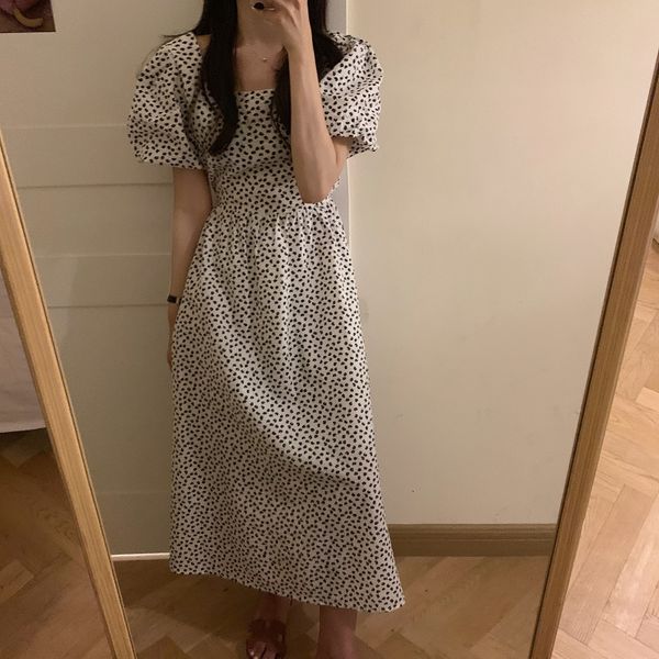 

dresses summer square collar chic florals printed slim ol streetwear princess sleeve long vestidos, Black;gray