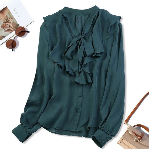 

blouses women's 100% mulberry silk crepe green shirt blouse ruffles neck office work  l xl jn565, White