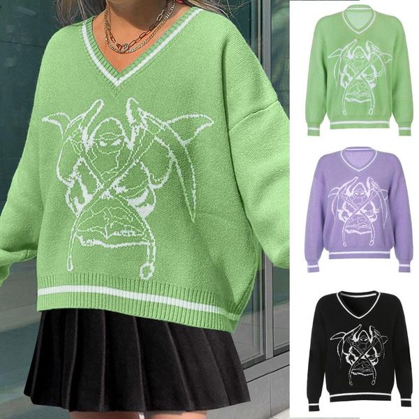 

women's sweaters v-neck loose and versatile printed long sleeve sweater short women shirt anime print cotton casual, White;black