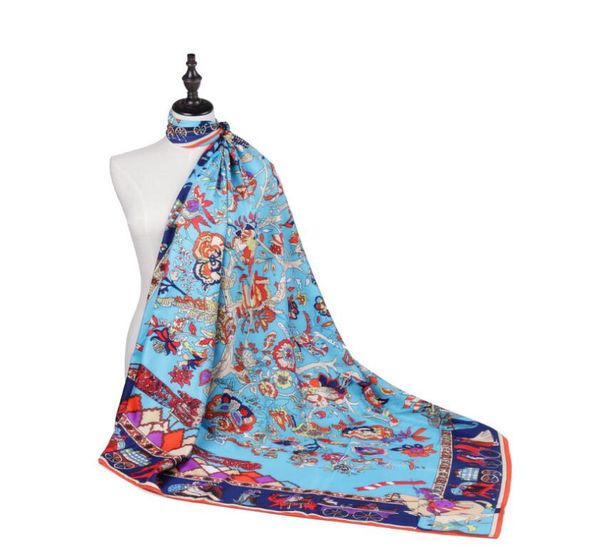 

silk scarves tree of life clan style floral elephant pattern large square scarf 130cm 2pieces/lot, Blue;gray