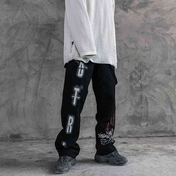

streetwear womens printed straight loose casual pants womens dark fun funeral pendant drag wide leg pants bottom, Black;white