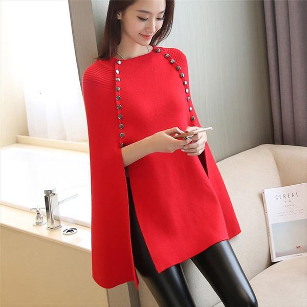 

women double breasted cape sweater batwing sleeves loose poncho winter knitted long black open stitch rivet pullover coat, White;black