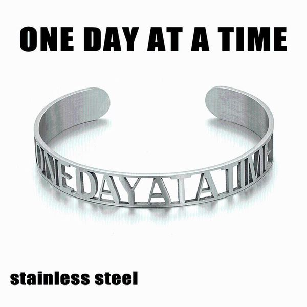 

silver color stainless steel open & bangle letter one day at a time for women men adjustable jewelry gift, Black