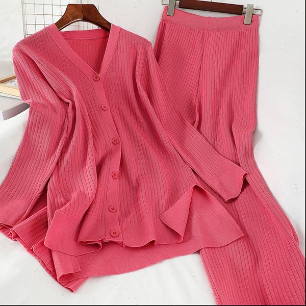 

summer knitted two pieces sets women tracksuits single breasted v neck long sleeve high waist wide leg pants suit tz136, Gray