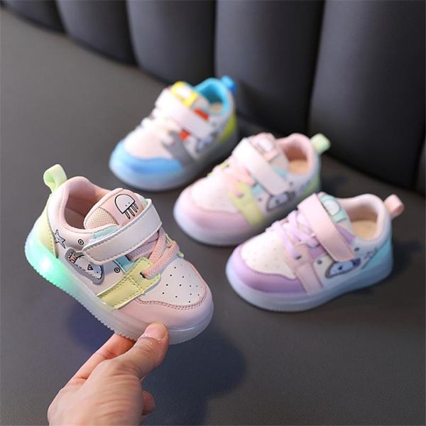

first walkers 2021 spring kids shoes luminous leather cartoon light up girls boys sneakers led glowing baby toddler 15-25