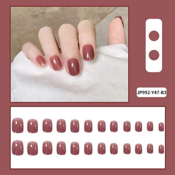 

false nails fake press on short round solid color nail stickers finished manicure 24 pcs artificial with glue, Red;gold