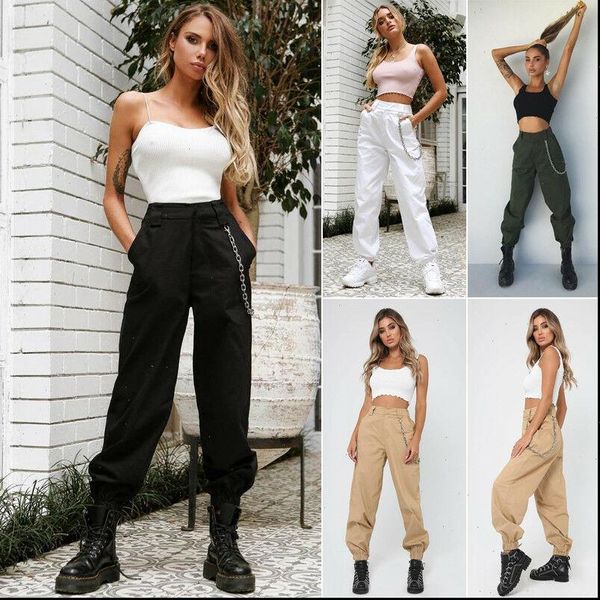 

women casual pant jogger dance sport pants baggy slacks trousers ladies fashion high waist chain hip pop combat cargo solid, Black;white