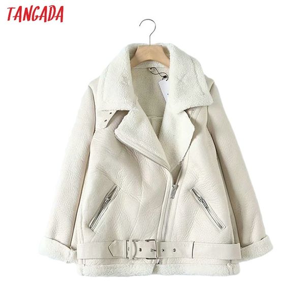 

tangada women beige fur faux leather jacket coat with belt turn down collar ladies winter thick warm oversized coat 5b01 210817, Black;brown