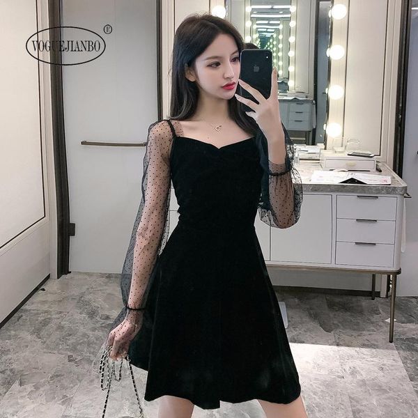 

casual dresses 2021 spring women clothes annual party hepburn bodycon black long sleeve v-neck velvet temperament ladies small, Black;gray