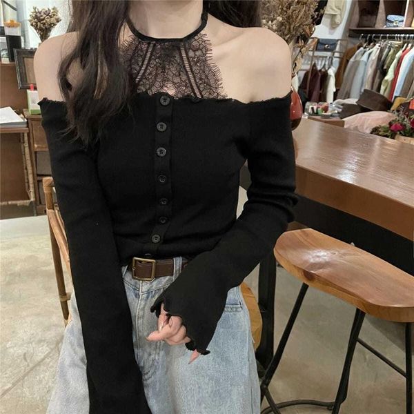 

women's t-shirt 2021 5 pairs hanging neck strapless long-sleeved slim slimming lace knitted bottoming shirt black, White