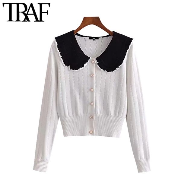 

women fashion with bejewelled buttons cropped knit cardigan sweater vintage long sleeve female outerwear chic 210507, White