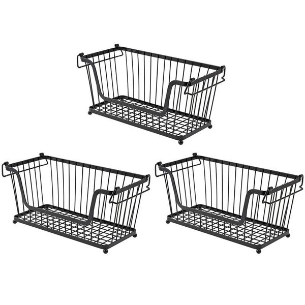 

hooks & rails set of 3 storage stacking wire basket stackable shelves vegetable food kitchen rack stand