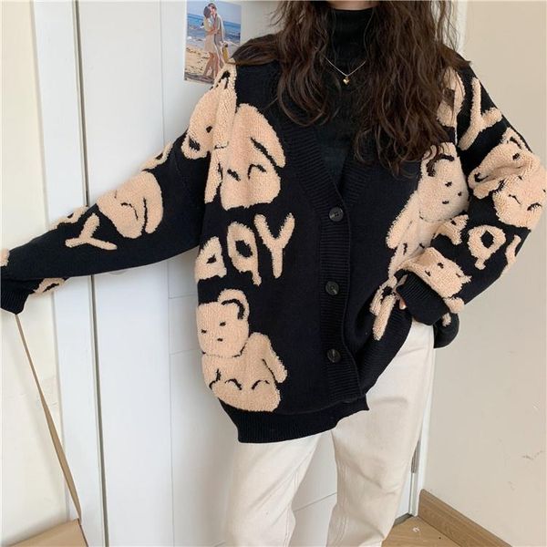 

women's sweaters thickened bear sweater coat autumn and winter 2021 lazy style outer wear knitted cardigan, White;black