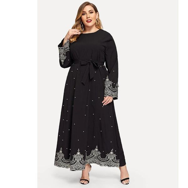 

casual dresses floral embroidery beading flare long sleeve plus size dress women clothing elegant maxi for t6071, Black;gray