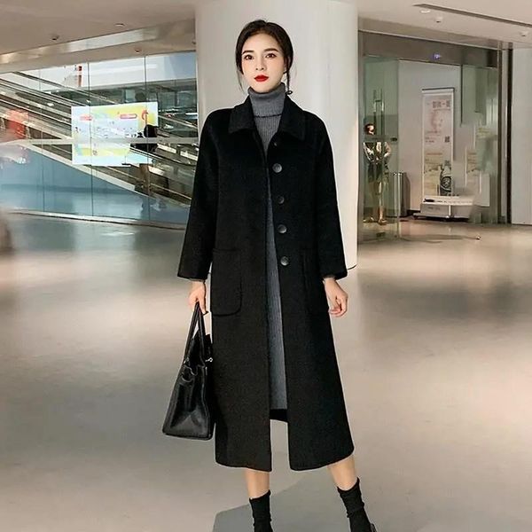 

women's wool & blends fashion korean style women's woolen coats single breasted warm black long office lady jacket 2021 spring autu