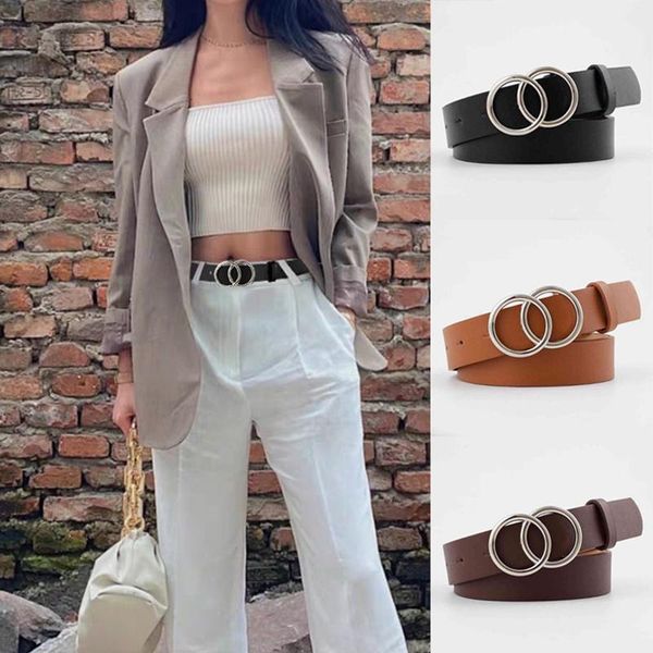 

belts ladies double loop belt fashion pu leather metal button pin casual dress jeans wild, Black;brown
