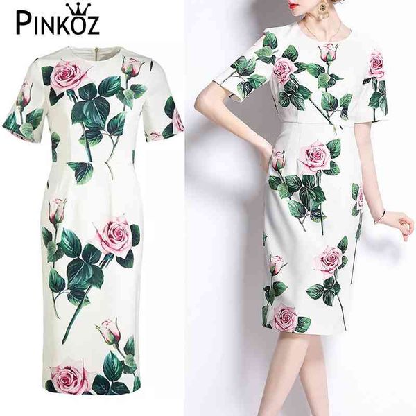 

runway custom summer party midi dresses women's fashion o-neck short sleeve rose flower print white office elegant dress 210421, Black;gray