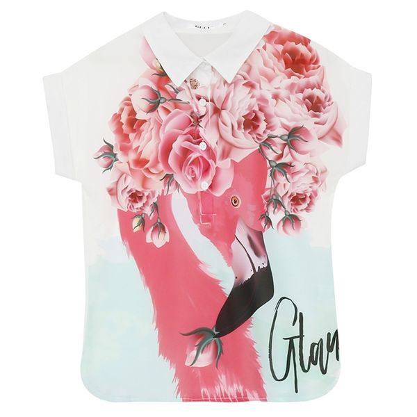 

ladies summer elegant women turn down collar short sleeves floral print chiffon shirts female casual shirt 210428, White