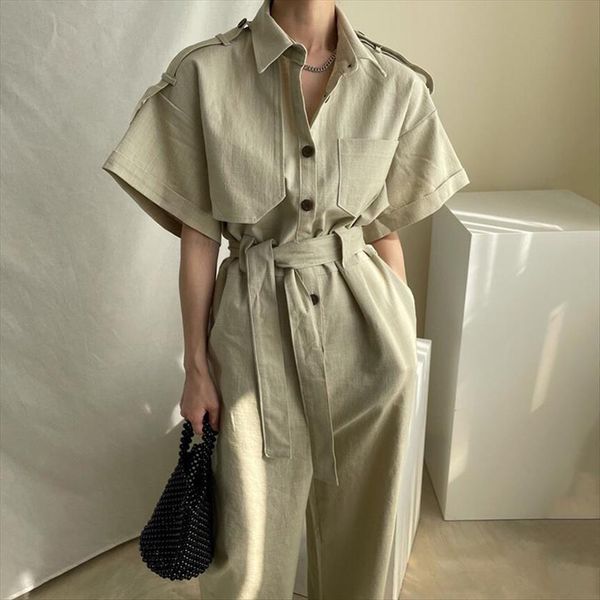 

[ewq] korea chic casual womens pant fashion lapel single breasted multi pocket one piece tooling wide leg pants women summer, Black;white