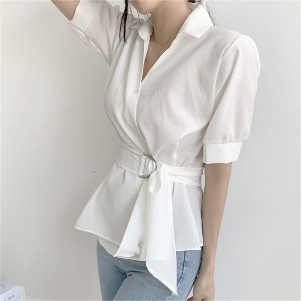 

women's blouses & shirts elegance vintage plus size solid slim girdle stylish summer loose office lady casual new chic femme all, White