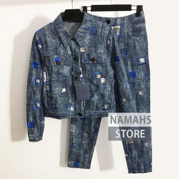 

women's two piece pants 2 outfits fall clothes for women sets high end denim sequined designer jeans and turn-down collar coat set suit, White