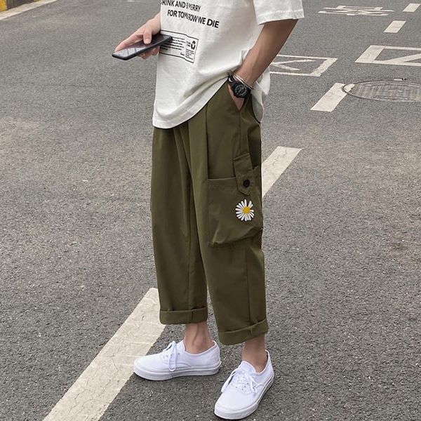 

pants men streetwear hip hop mens joggers casual ankle length trousers elastic army green flower 2021 men's, Black
