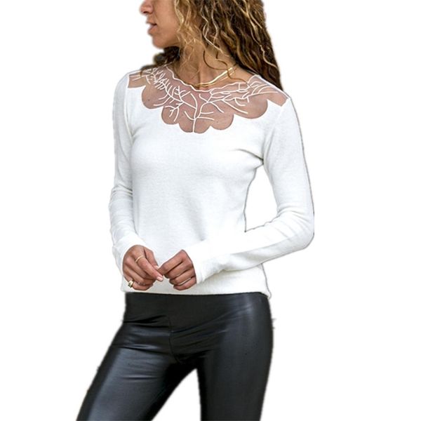 Сексуальные черные белые кружева пэчворк Slim T рубашка o шеи с длинным рукавом женщин осень зима базовая футболка Tops Tees Fashion Thirt 210507