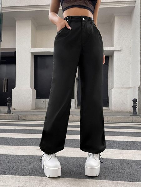 

high waist drawstring hem pants 46vm#, Black;white