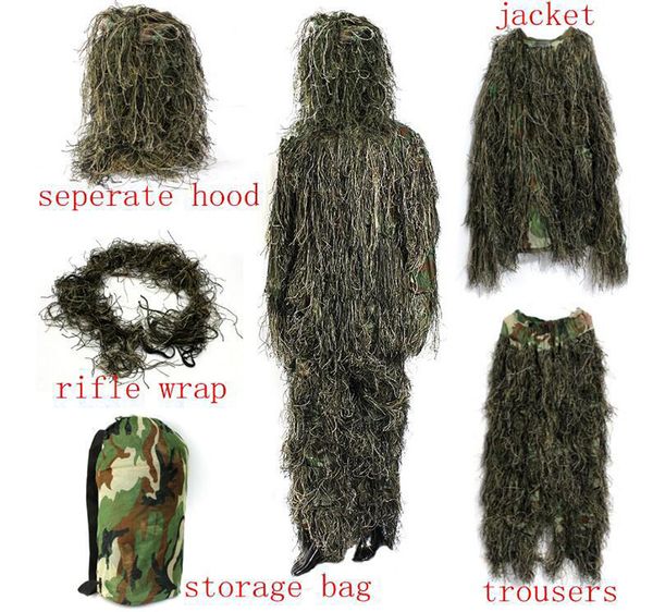 Jaqueta tática Conjuntos Camo Junlge Ghillie Terno Camo Woodland Camuflagem Floresta Caça Ghillie Ternos 4 Peça + Saco