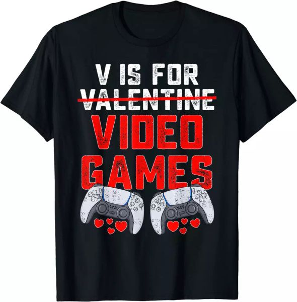 

v is for video games valentines day funny boys kids gift t-shirt, White;black